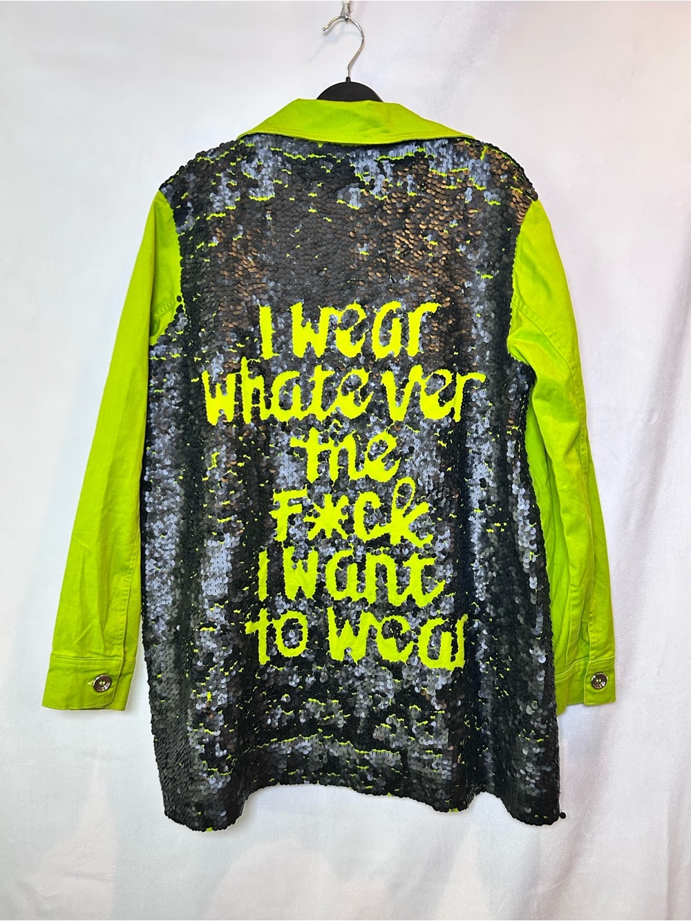 Rock N Karma Oversized Neon Chartreuse Black Sequin Back Y2K Jacket Size M